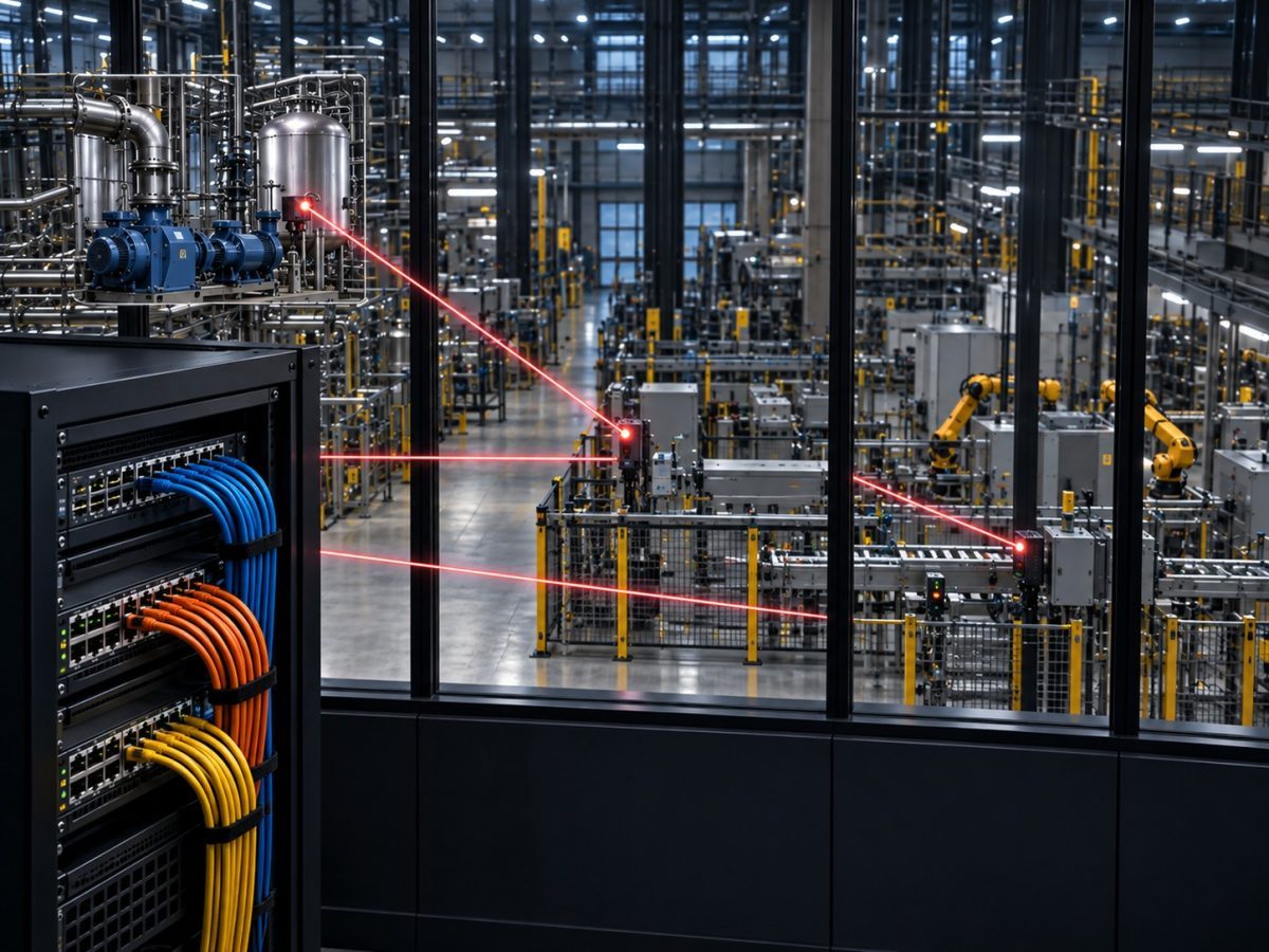 Dragos xOT acquisitions editorial illustration connecting industrial machinery, network assets and firmware visibility