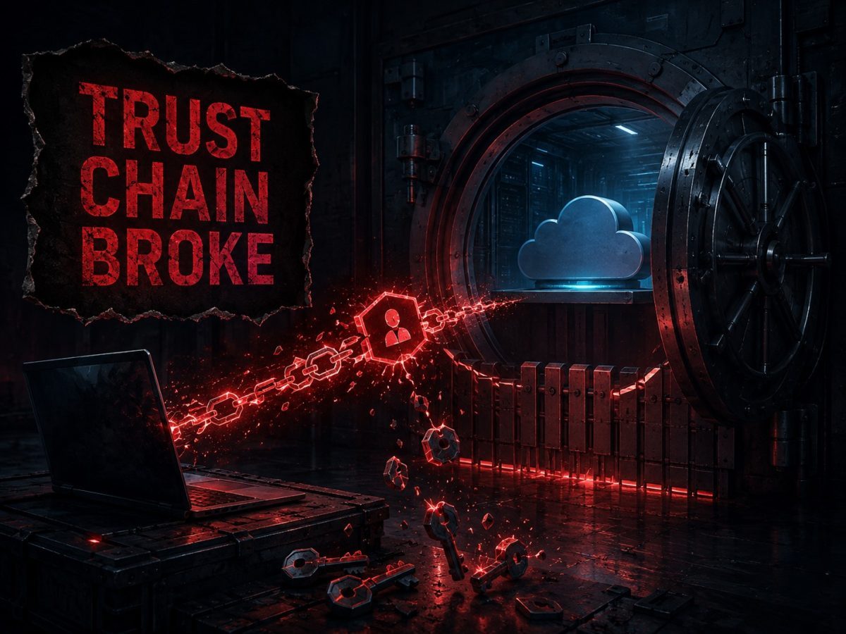 Dropbox hack illustrated as a broken federated identity chain opening a cloud vault