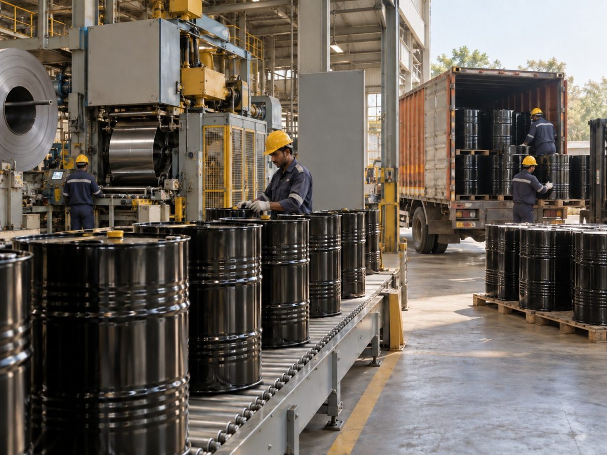 East India Drums HPCL order represented by unbranded steel bitumen drums moving from a factory line to delivery in an editorial illustration.