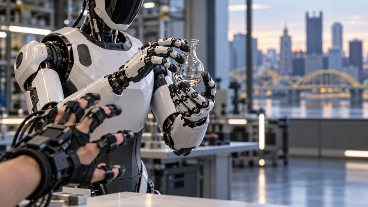 Editorial illustration of a dexterous humanoid robot handling glass while a person wears a teleoperation glove