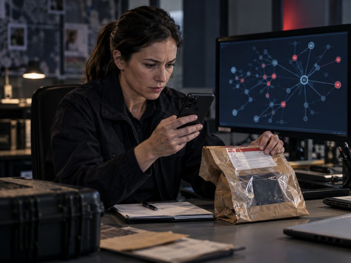 Editorial illustration of an investigator using Elliptic Pulse to review crypto evidence from a seized phone