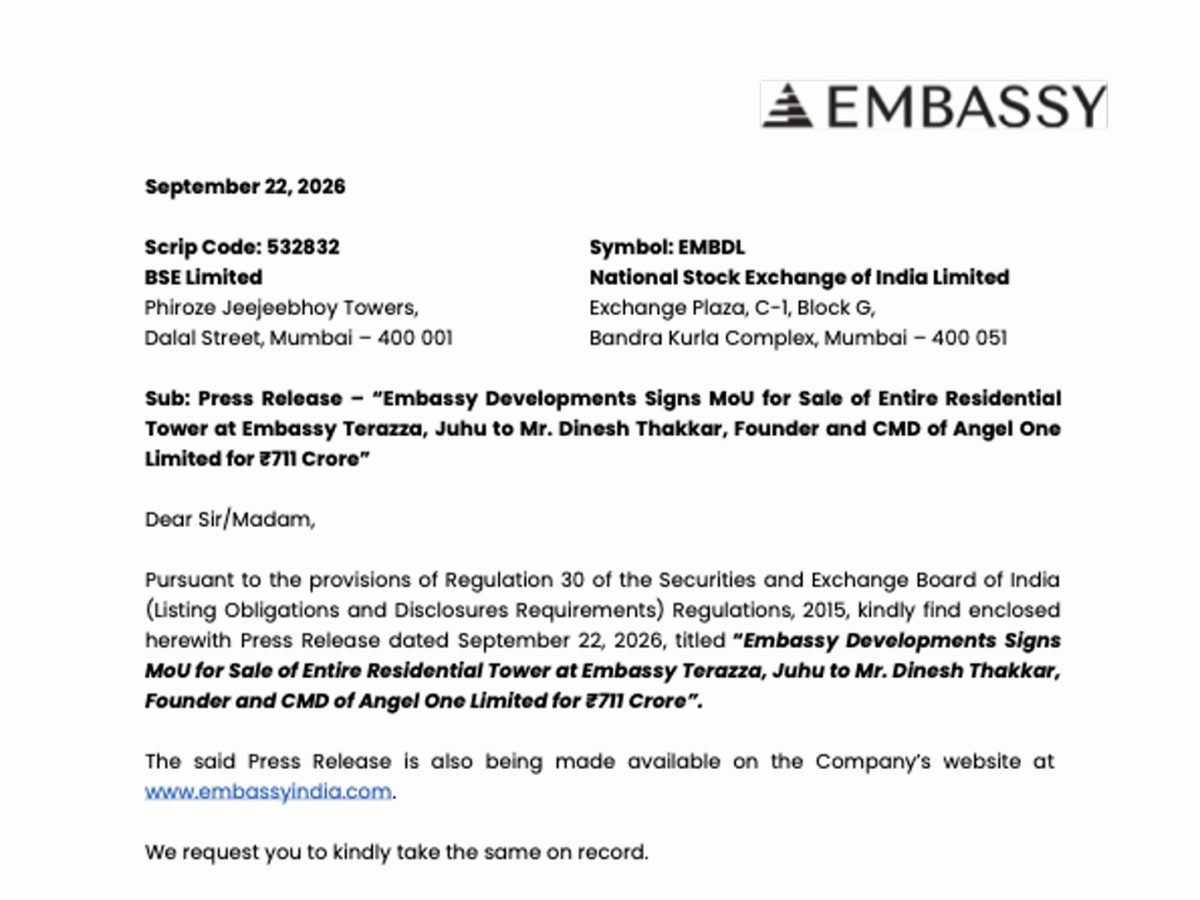 Embassy Terazza official exchange filing announcing the ₹711 crore residential tower MoU