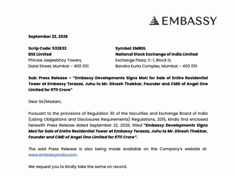Embassy Terazza Tower MoU Values Deal at ₹711 Crore