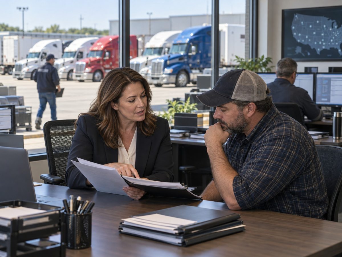 Editorial illustration of a freight operator and insurance specialist reviewing fleet risks after the Equal Parts acquisition of ProSource.