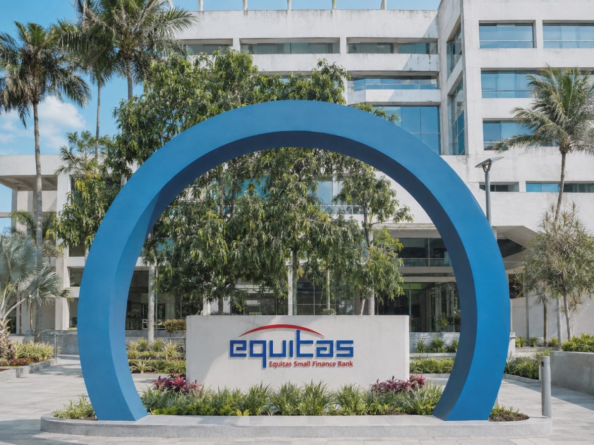 Equitas Towers exterior in Chennai after its inauguration, shown as a source-anchored editorial illustration with no people.