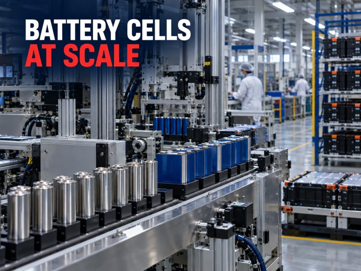 Editorial illustration of cylindrical and prismatic lithium-ion cells moving through a modern battery production line.