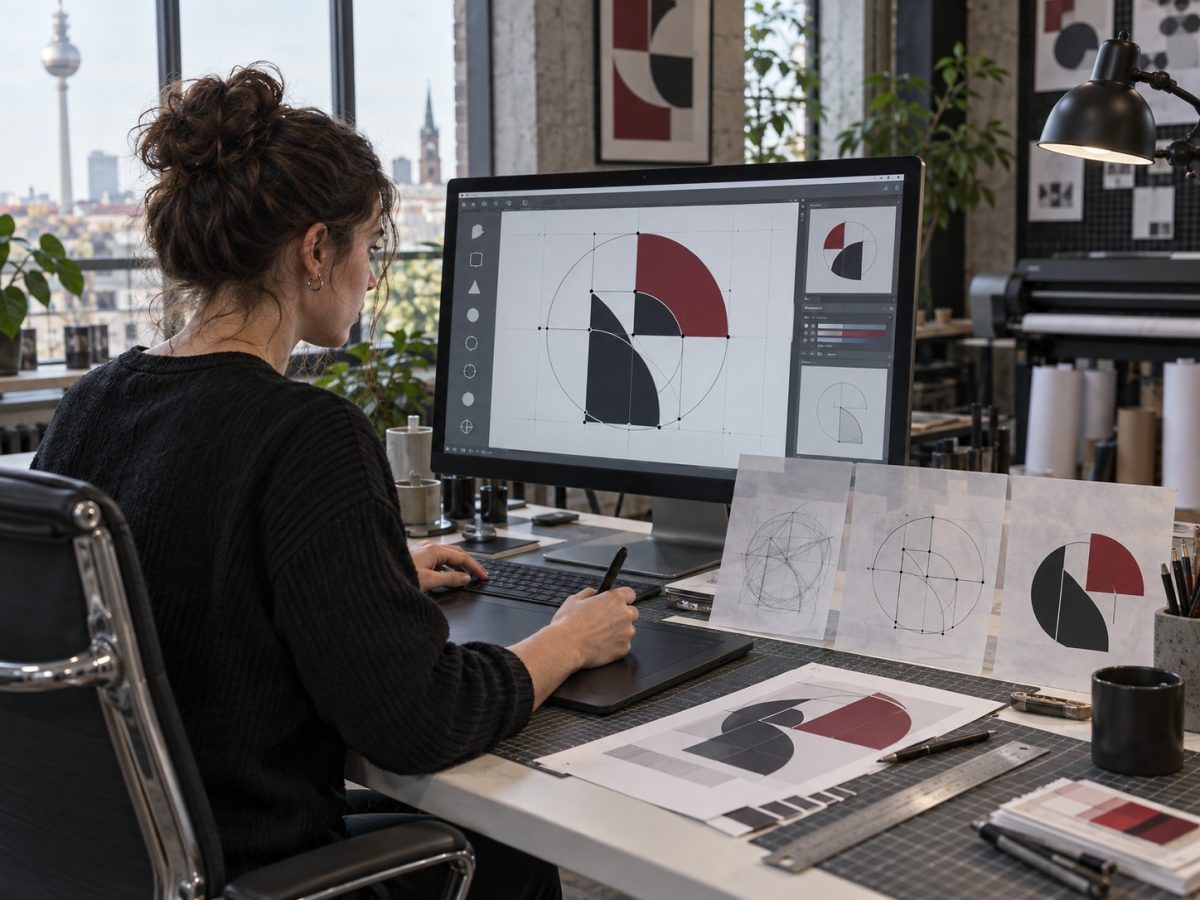 Generated editorial illustration of a designer refining geometric vector paths, representing F13 funding and its focus on editable graphics AI.