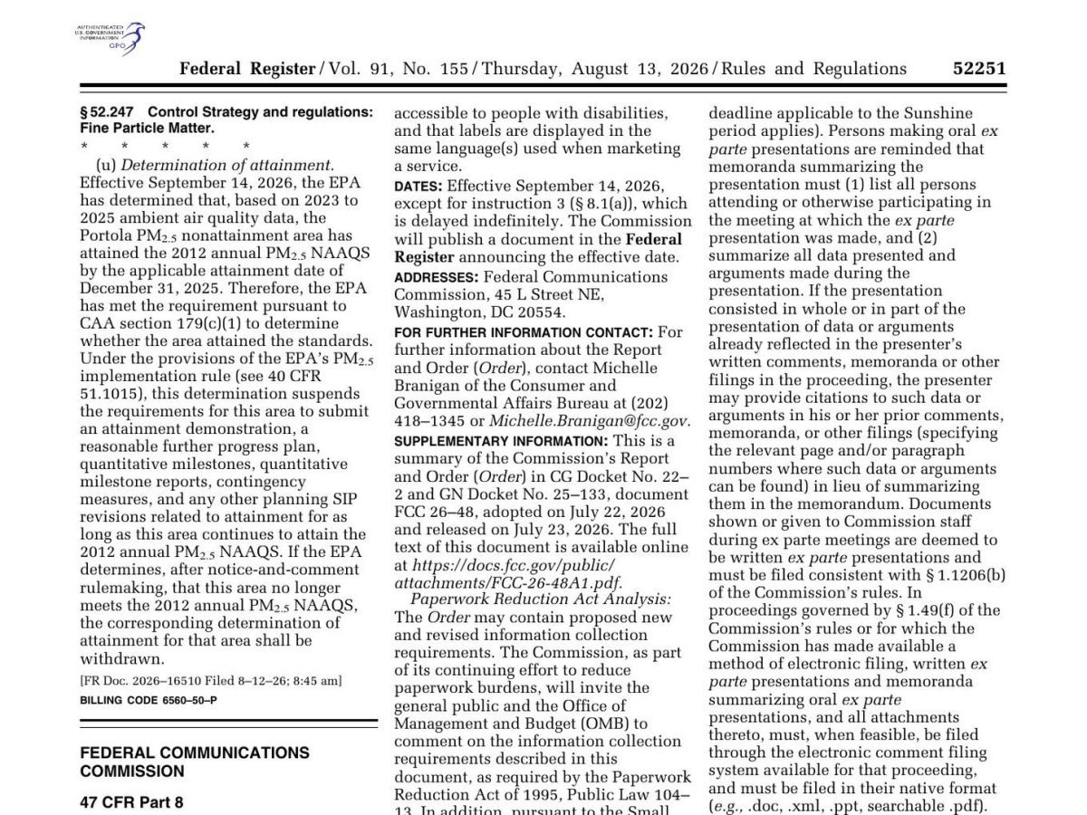 Official Federal Register page showing the FCC broadband labels effective-date clause