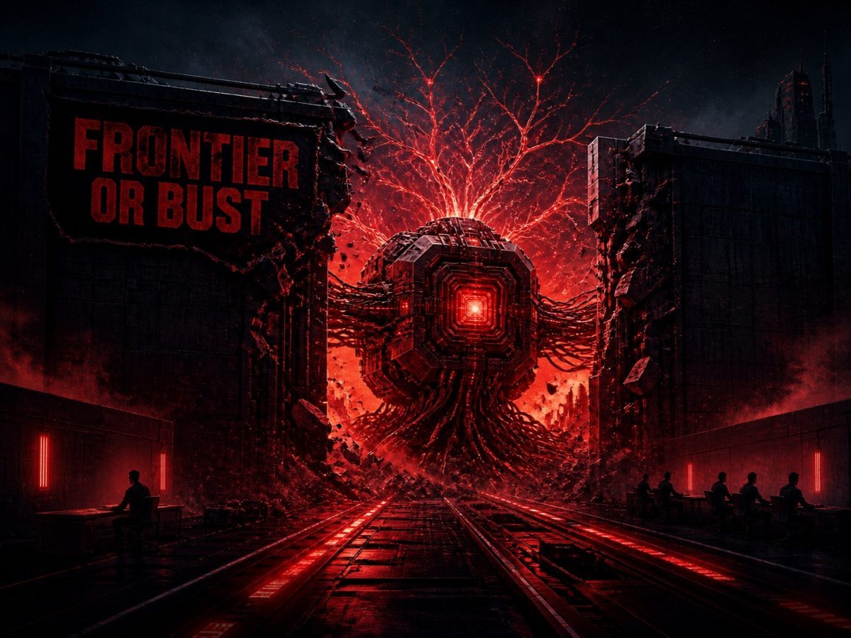 A glowing frontier AI core breaks through an industrial research wall as teams guide the system into products.
