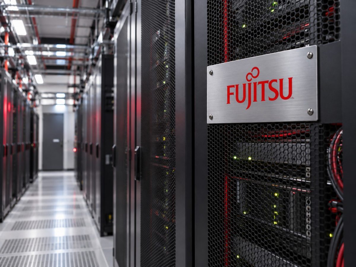 Fujitsu MONAKA sales represented by a realistic data-centre aisle with the exact Fujitsu wordmark integrated into restrained metal signage.