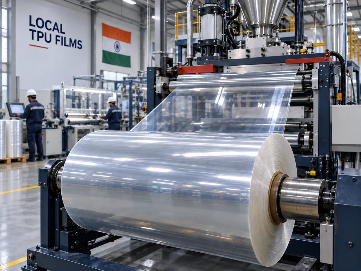 Garware Lubrizol TPU MoU shown as an editorial illustration of clear TPU film moving through an Indian extrusion line.