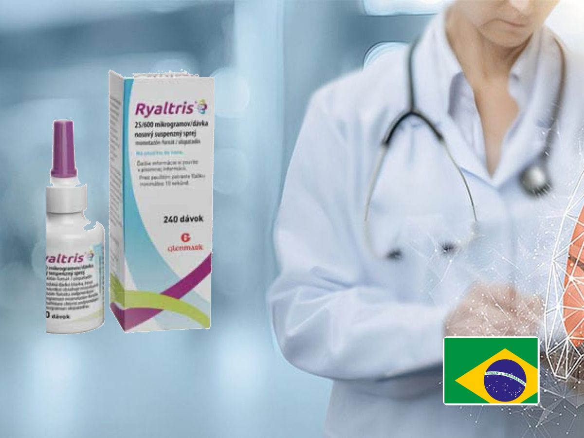 Glenmark RYALTRIS Brazil editorial composite using official RYALTRIS product packaging and Brazil launch colours
