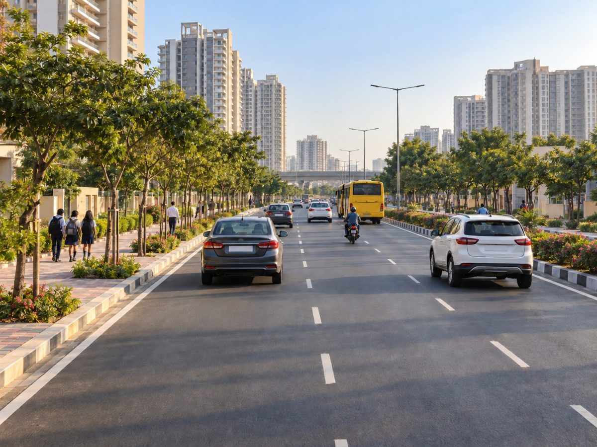 Godrej Properties Gurugram road opening represented by a broad unbranded residential corridor carrying local traffic in an editorial illustration.