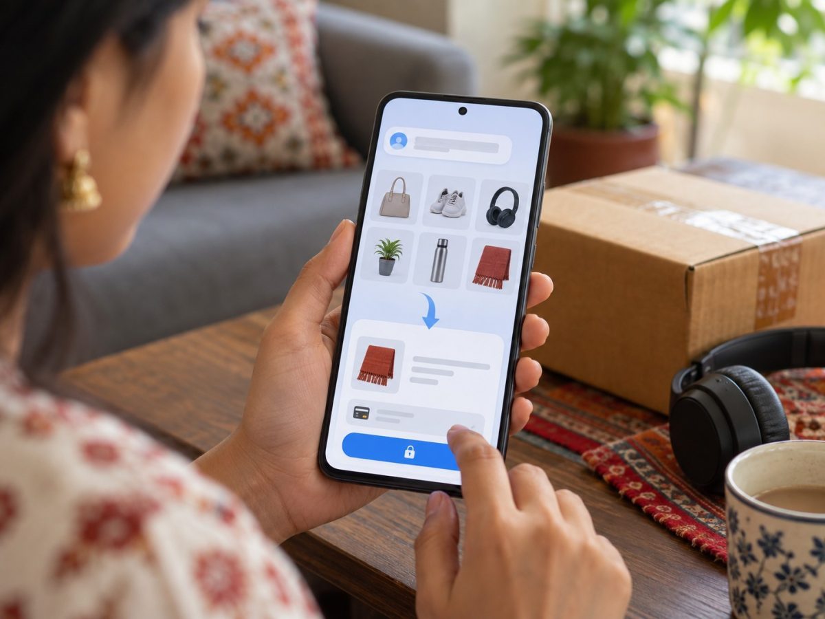 Editorial illustration of an Indian shopper moving from AI product discovery to a secure mobile checkout.