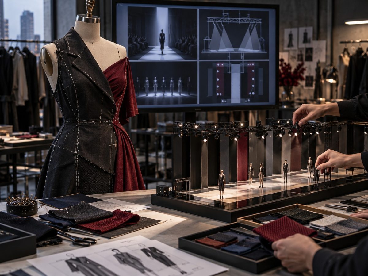 Google Flow fashion tools represented by a dress form, runway model and production planning studio in an editorial illustration.
