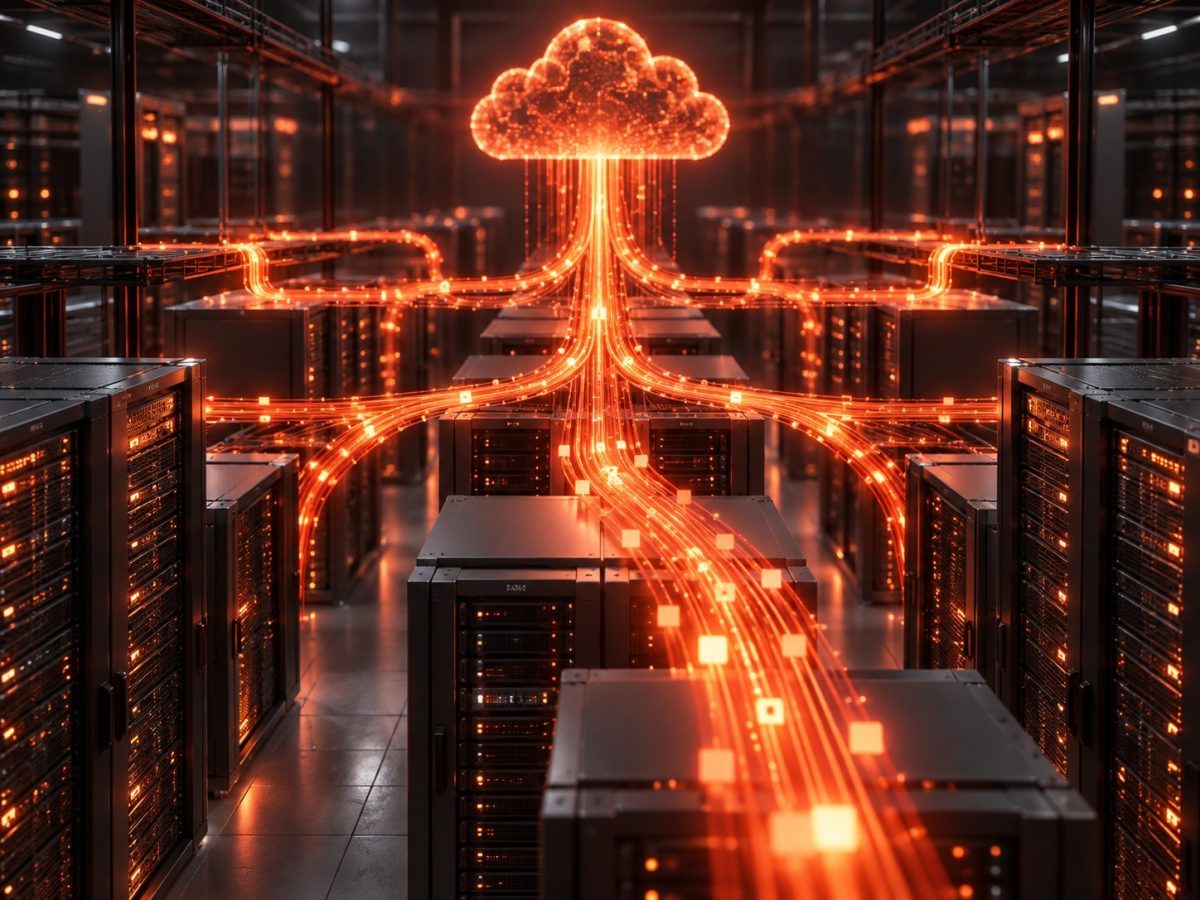AI threat report computational scene with orange attack paths crossing unbranded cloud servers.