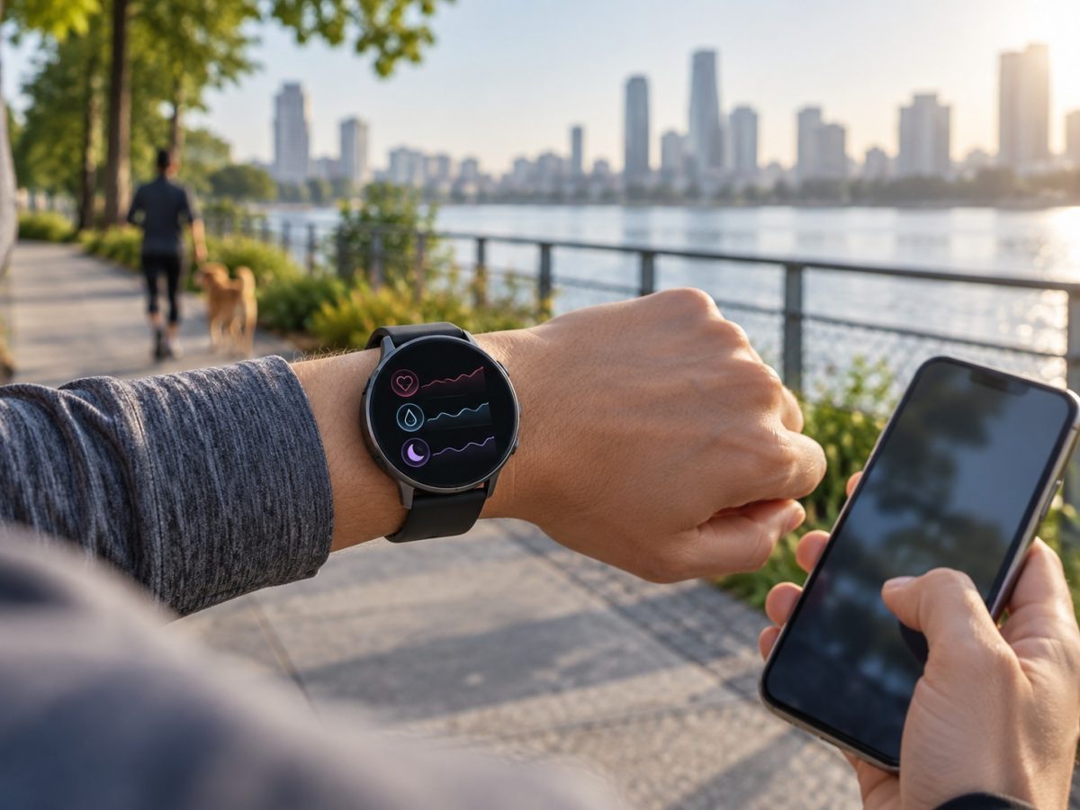 Editorial illustration of a generic smartwatch showing unlabeled wellness trends during a morning walk