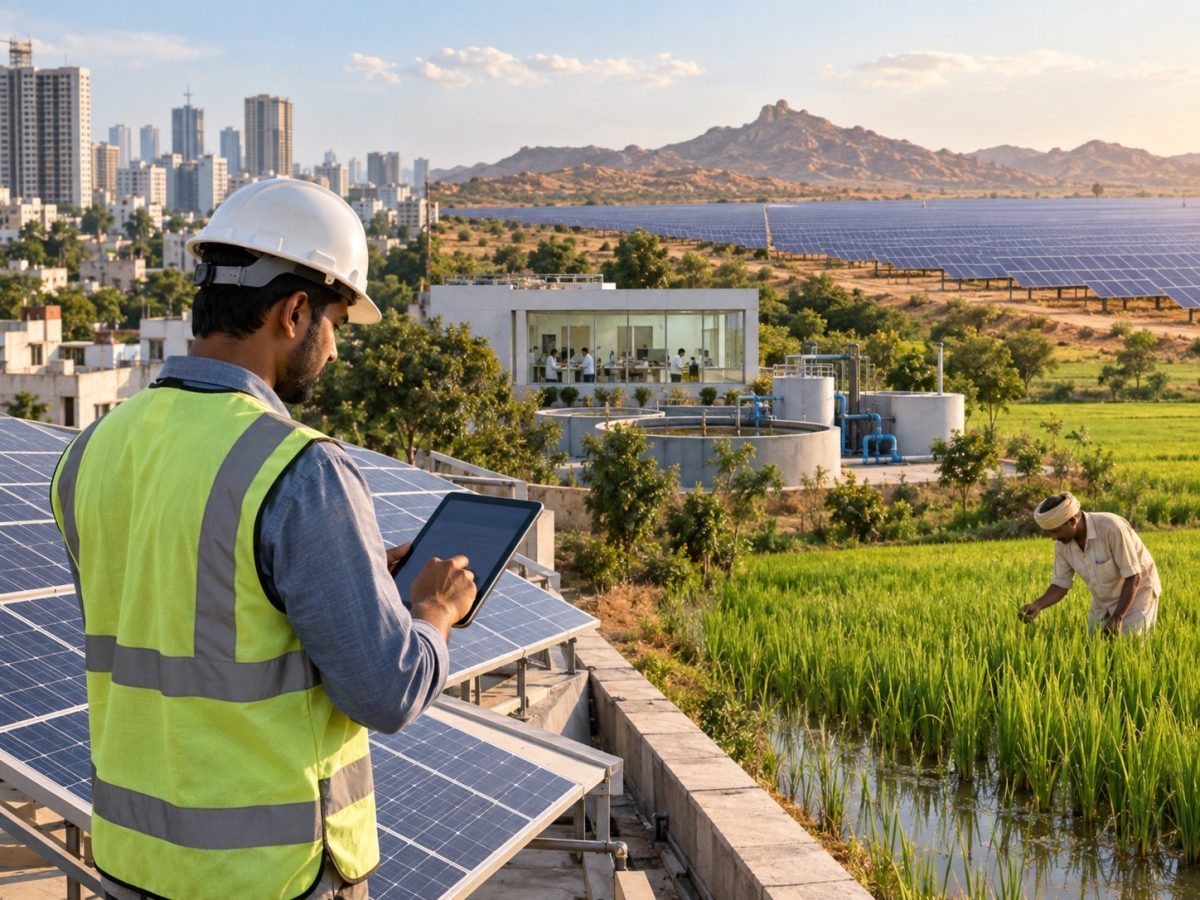 Google India sustainability initiatives illustration with rooftop solar, clean-energy infrastructure and rice farming