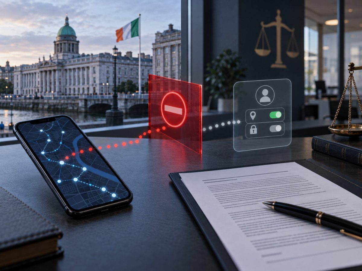Google location data fine editorial illustration showing Dublin regulation stopping a phone location trail