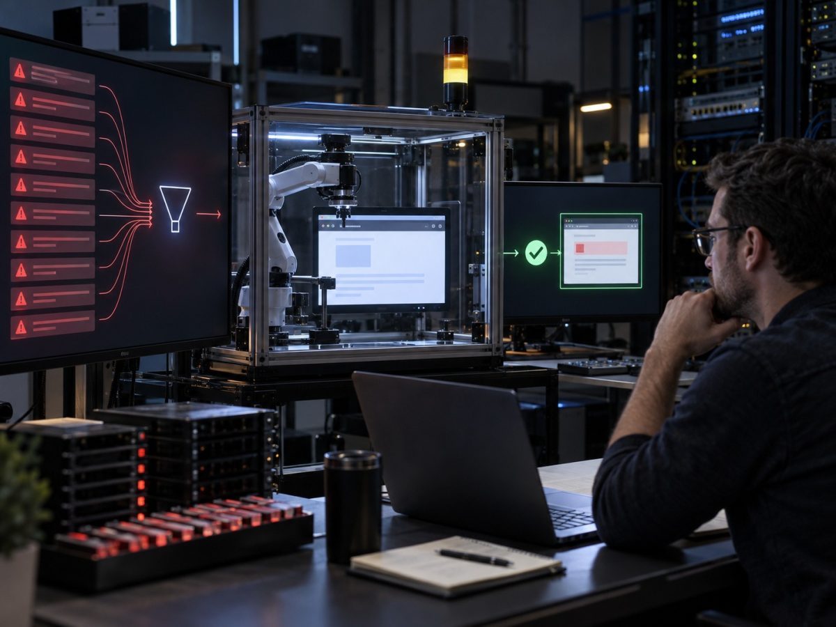 Editorial illustration of a security engineer watching Google PageBreak filter suspected bugs through a controlled validation rig
