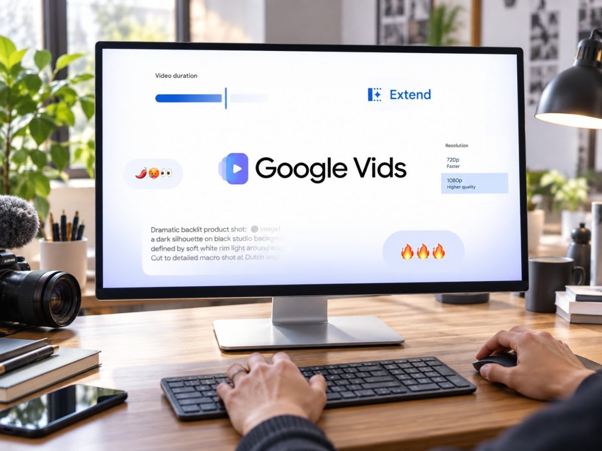 Google Vids Gemini Omni controls shown on a desktop monitor in a realistic editorial illustration