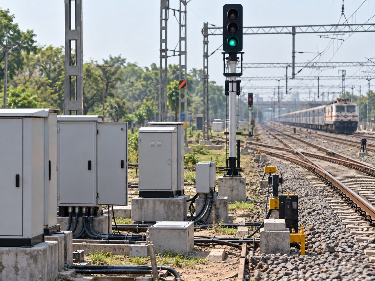 GPT Infra railway order represented by a location-neutral editorial illustration of trackside signalling cabinets and a working signal