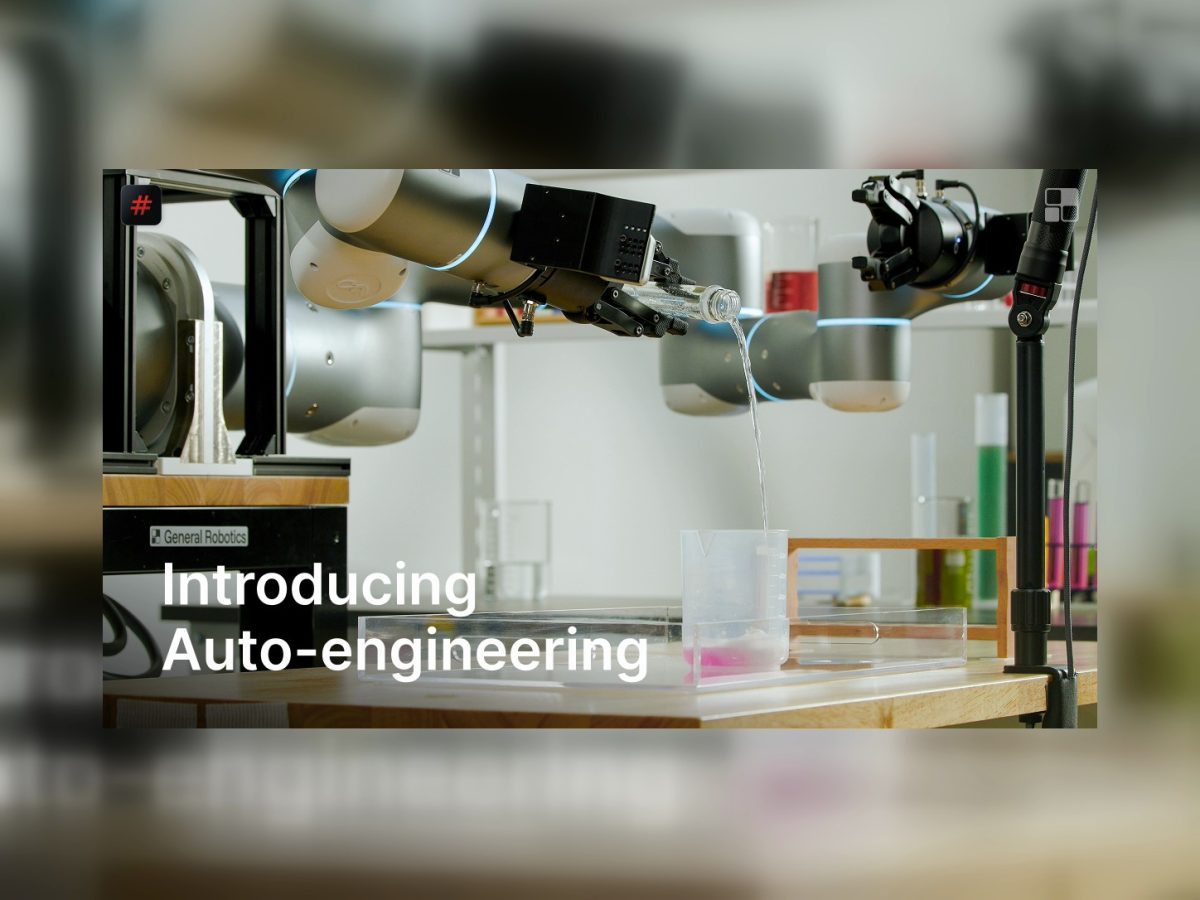 GRID Auto-Engineering lab demonstration with an exact General Robotics arm pouring liquid into a beaker.