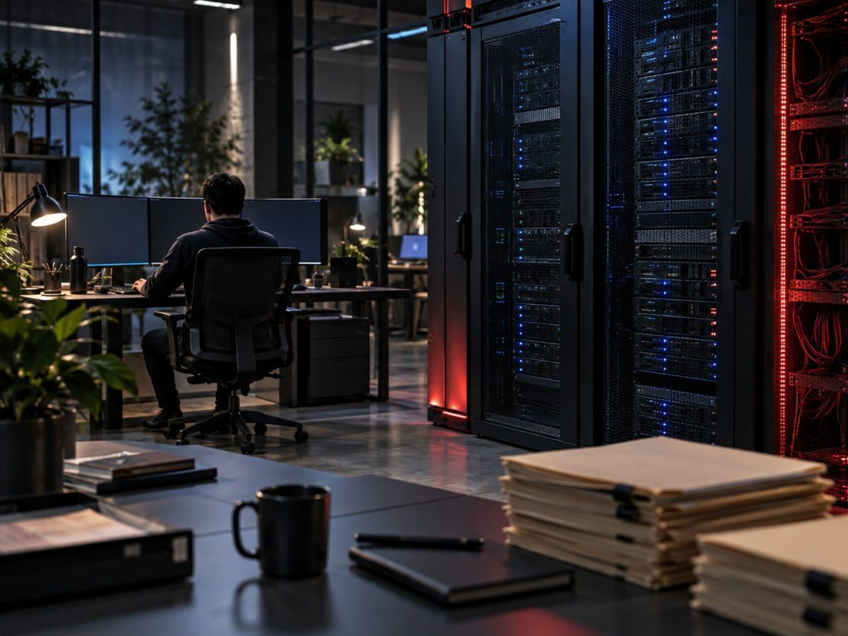 Grok 4.7 editorial illustration of a long-running AI engineering workspace and compute racks