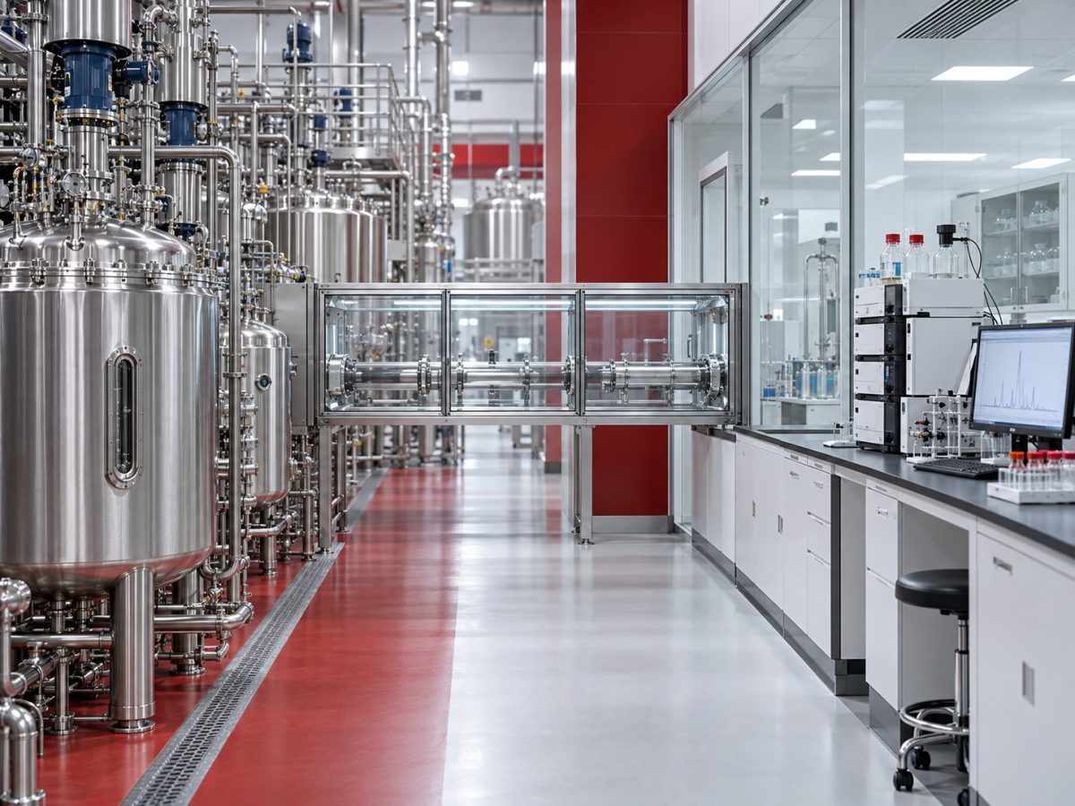 Gujarat Themis MicroBiopharm acquisition editorial illustration showing fermentation bioreactors linked to a pharmaceutical analytics lab.