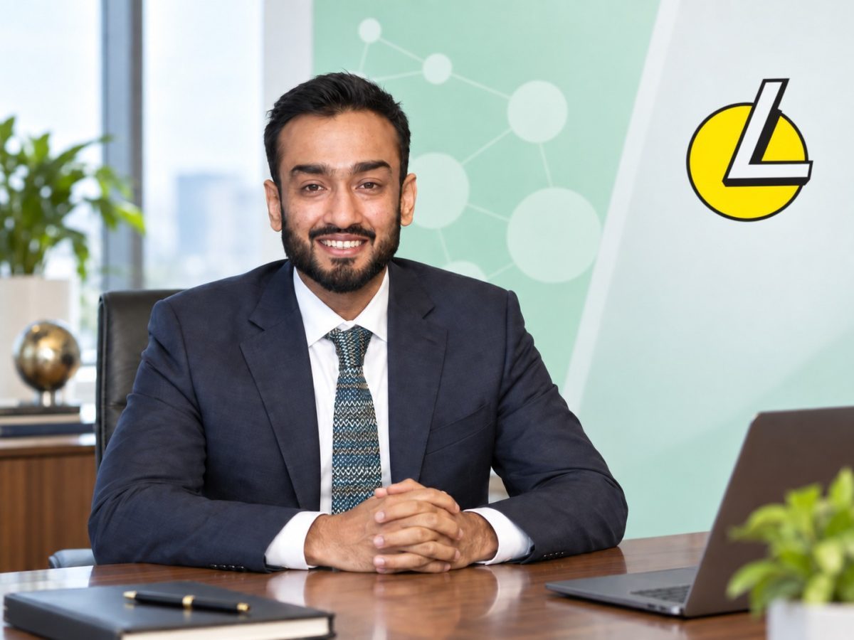 Harshvardhan Goenka CEO transition editorial illustration using his official Laxmi Organic portrait and exact company logo