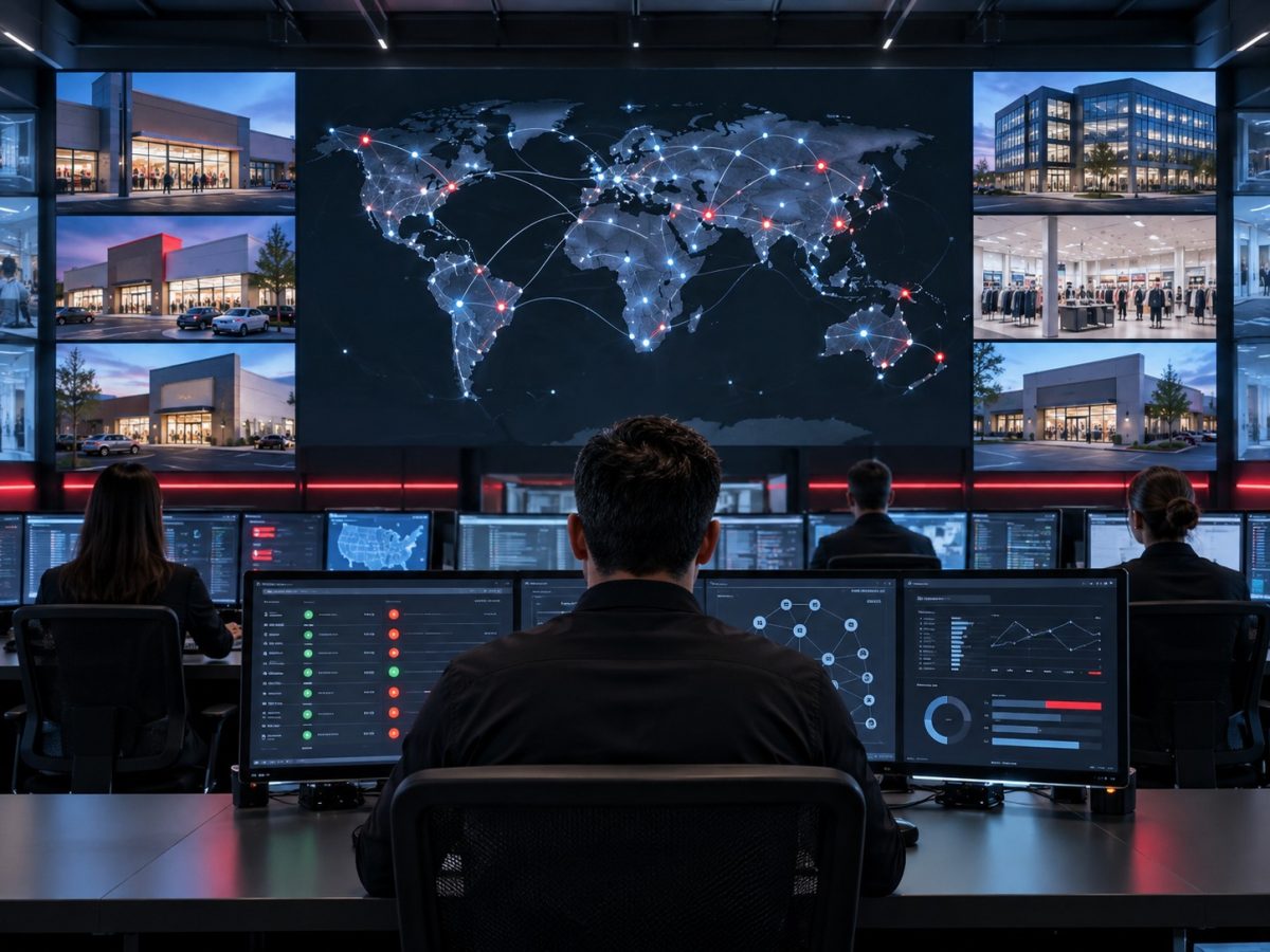 HCLTech M Group transformation shown as an editorial illustration of distributed retail locations linked to a managed operations centre