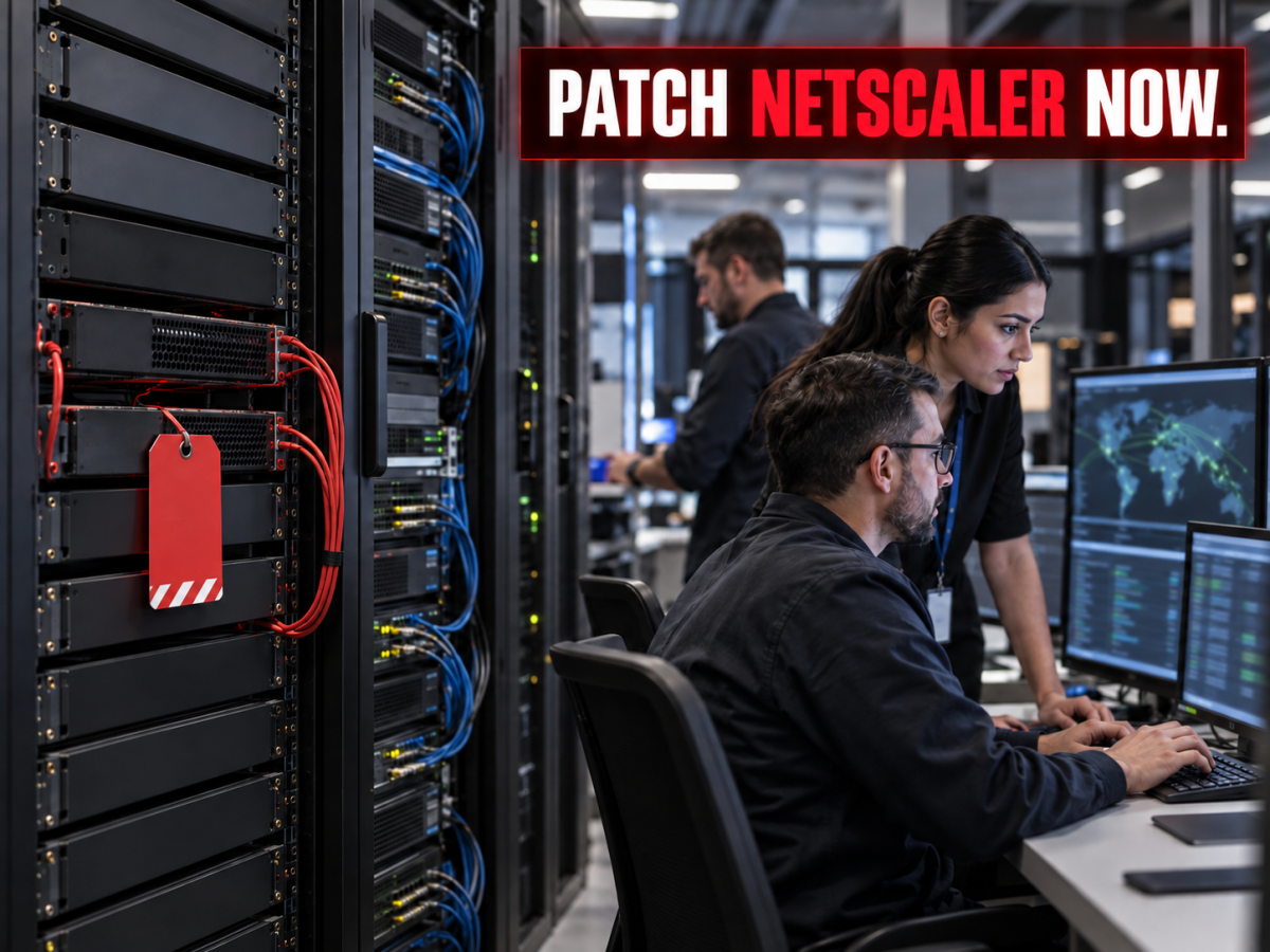 Editorial illustration of enterprise network engineers isolating and patching affected application-delivery appliances.