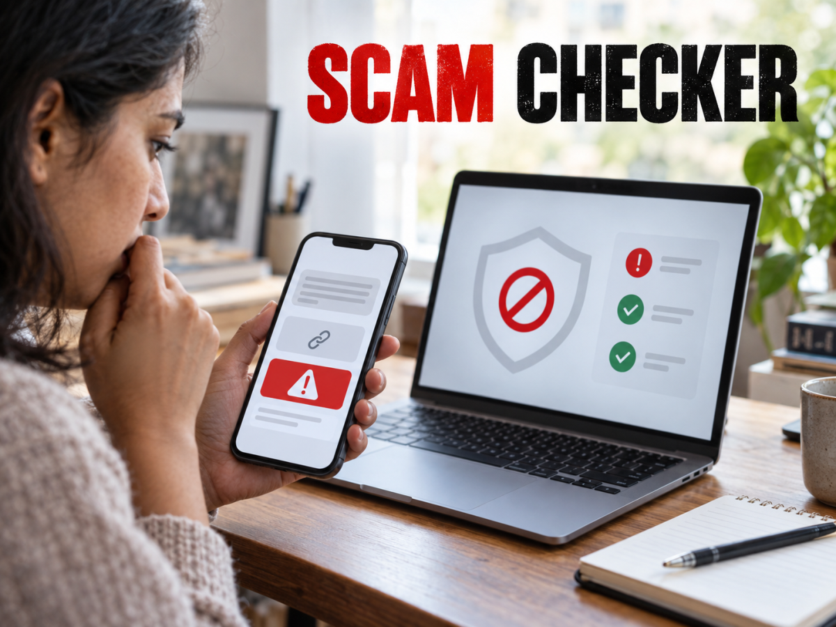 Editorial illustration of a person checking a suspicious call and web link with Truecaller Scam Checker.