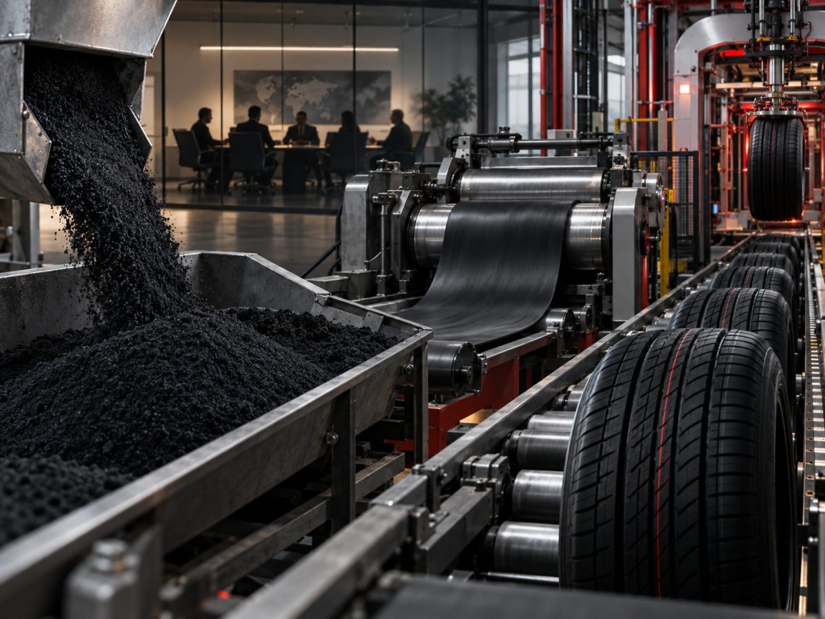 Himadri tyre demerger represented by carbon materials feeding a tyre manufacturing line in an editorial illustration