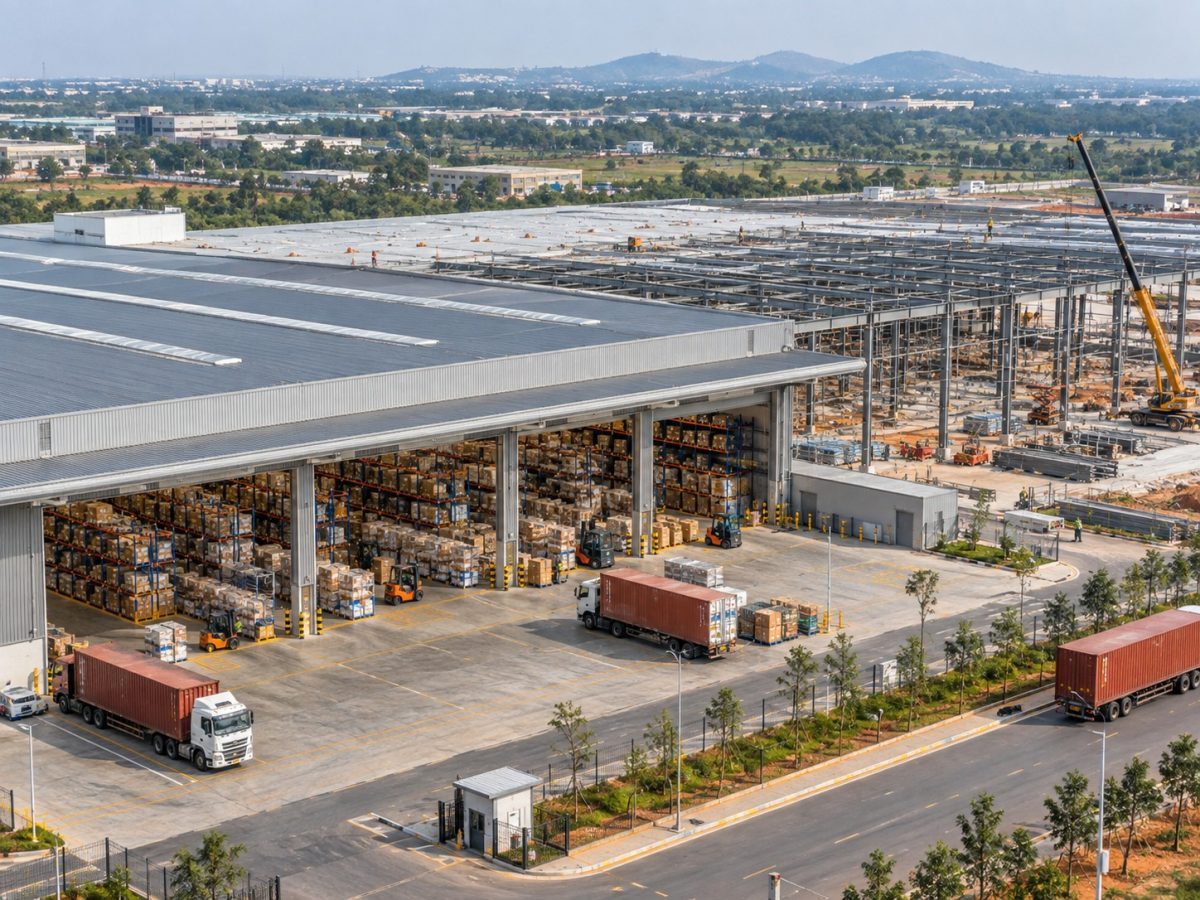 Honda warehouse expansion editorial illustration showing an operating parts hub beside a new construction wing near Bengaluru.