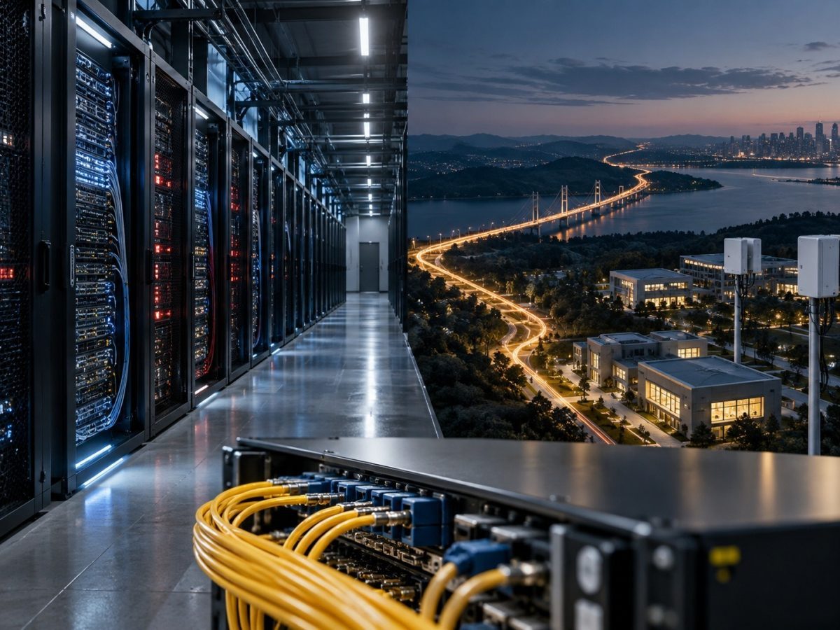 Huawei Stellar AI Network editorial illustration linking a server hall, wide-area fibre route and enterprise campus.