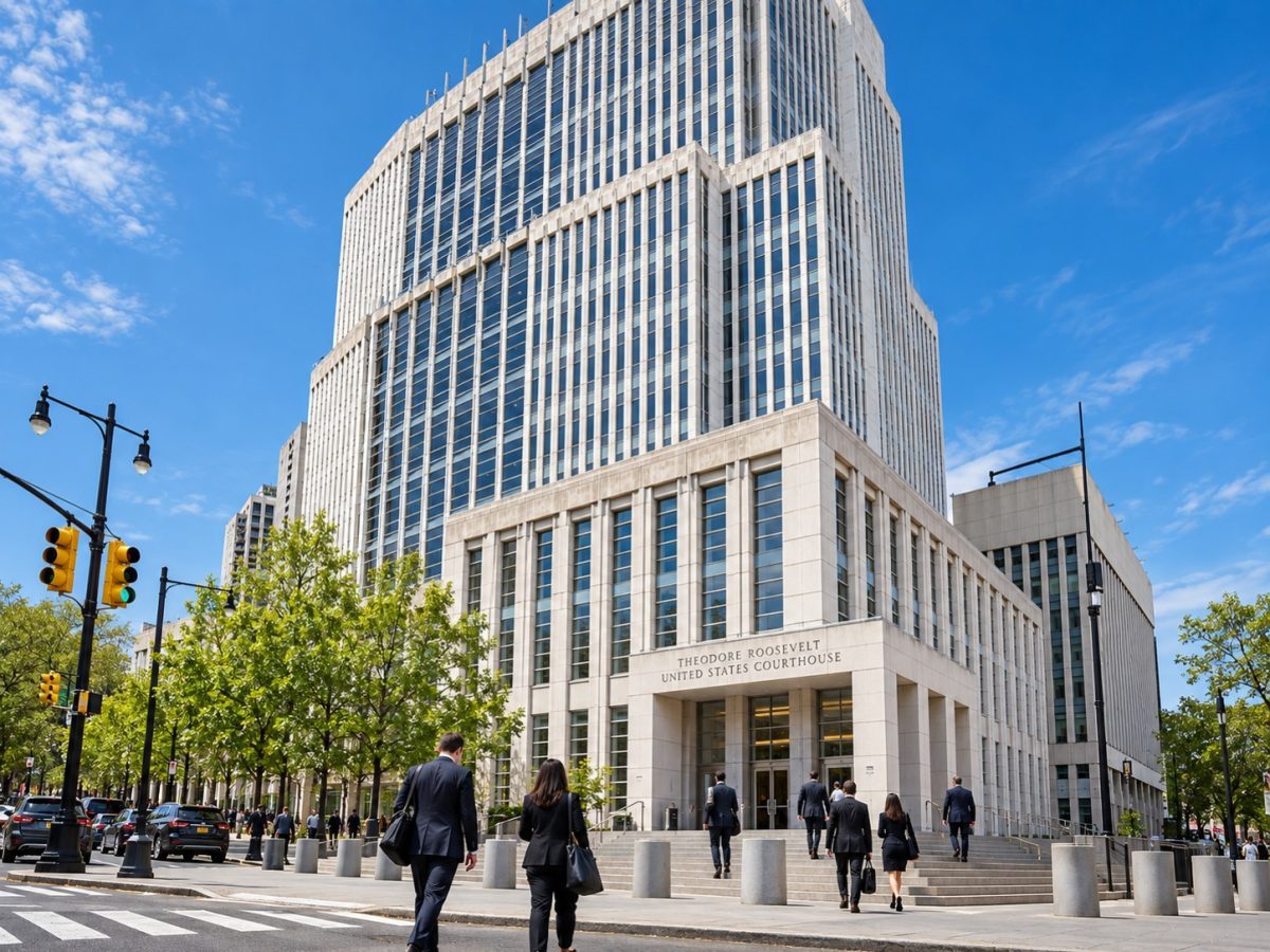 Huawei trial courthouse scene at the Theodore Roosevelt United States Courthouse, a generated editorial composite based on a licensed photo