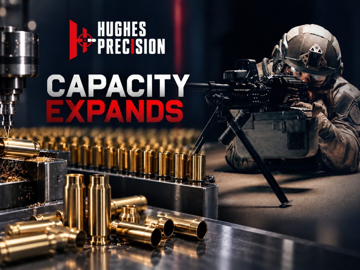 Hughes Precision funding editorial illustration showing the official brand, defence context and expanded ammunition manufacturing scale