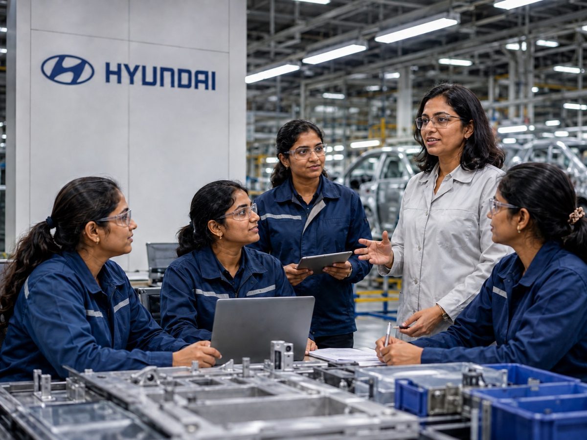 Representative Indian women engineers collaborate in a Hyundai automotive factory in an editorial illustration of the Hyundai women workforce target