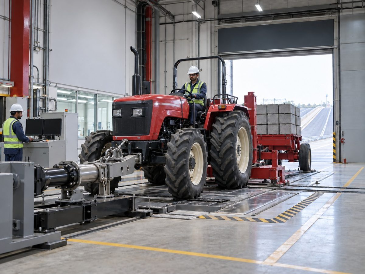 Photorealistic editorial image of an ICAT test facility concept with a tractor undergoing controlled load testing.
