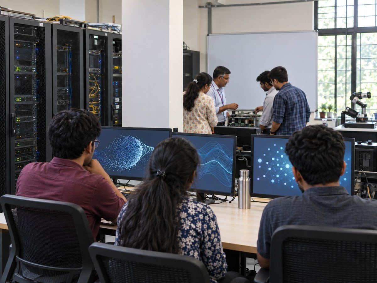 IIEST TCS AI Centre shown as an editorial illustration of students and mentors working in a high-performance computing laboratory.