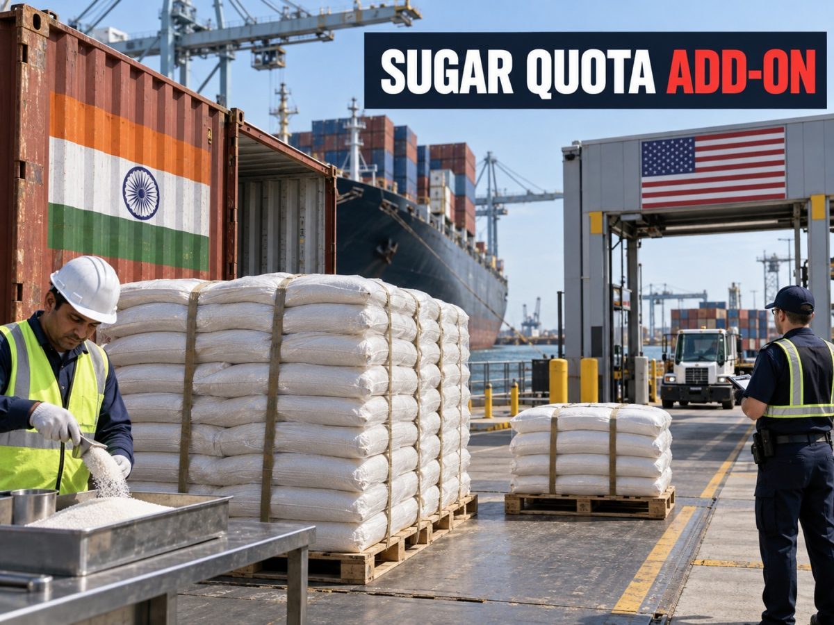 India US sugar quota add-on illustrated by a smaller extra raw-sugar pallet joining a larger India-origin cargo at a US port.