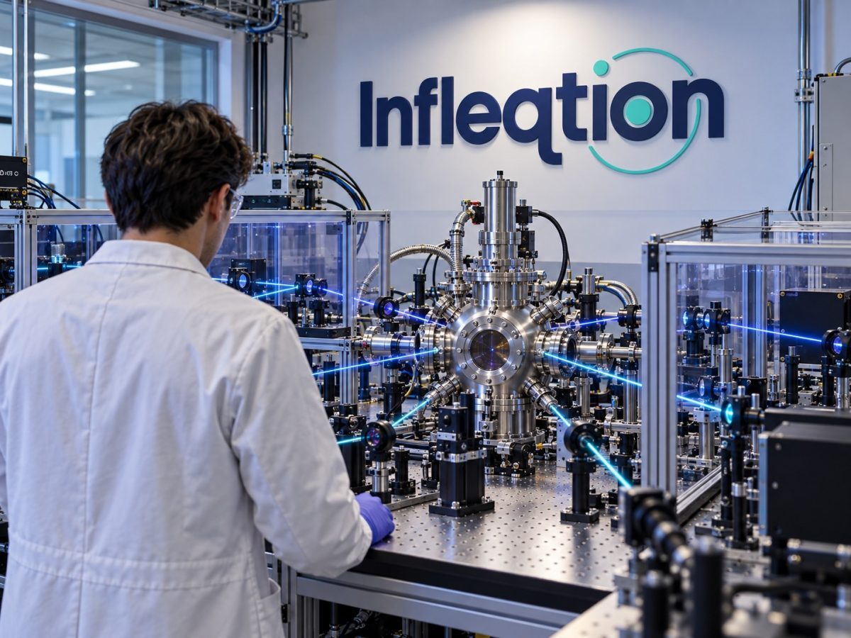 Infleqtion logical qubits editorial illustration with the exact Infleqtion identity in a neutral-atom laboratory
