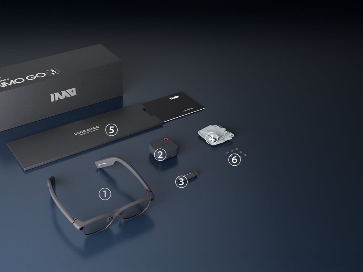 INMO GO3 smart glasses and official accessories on a dark surface