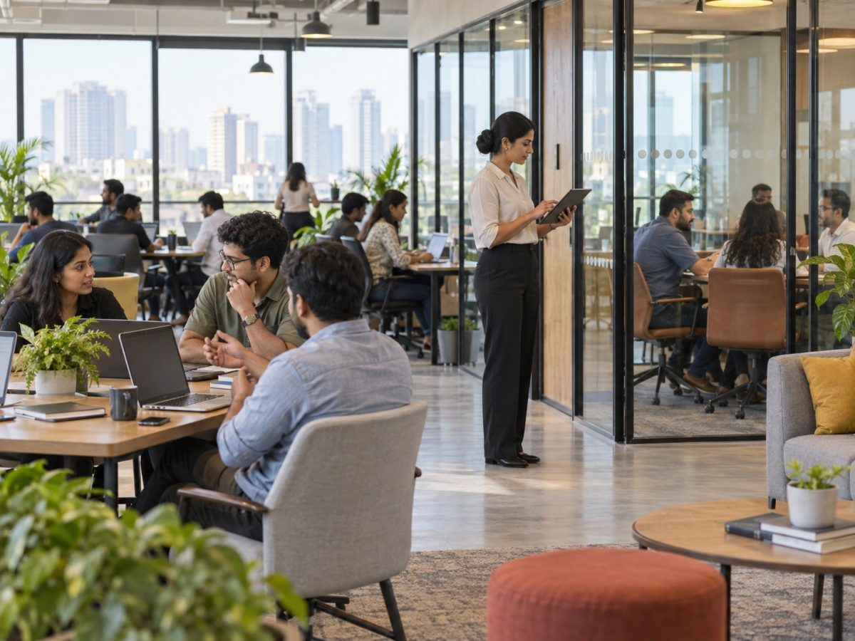 Busy Indian coworking floor illustrating the operating drivers behind Innov8 FY26 profit.