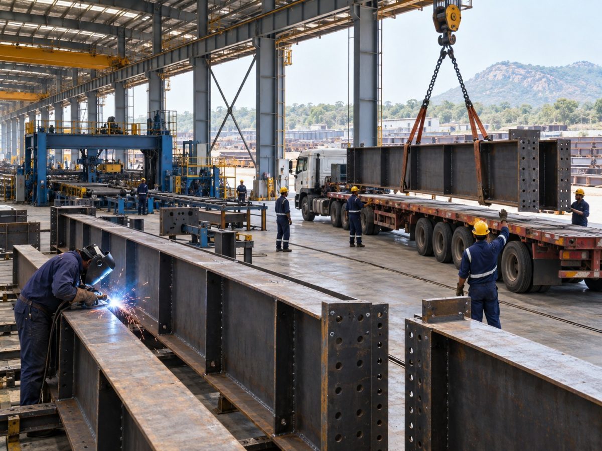 Interarch steel plant expansion shown as an editorial illustration of heavy structural beams moving through an Indian fabrication facility.