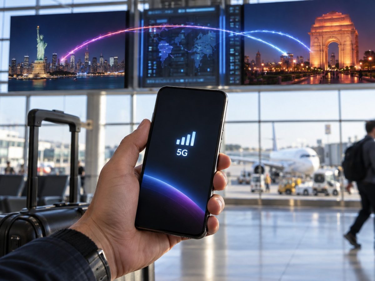 Jio 5G roaming editorial illustration showing a traveller using a 5G phone between India and the United States.