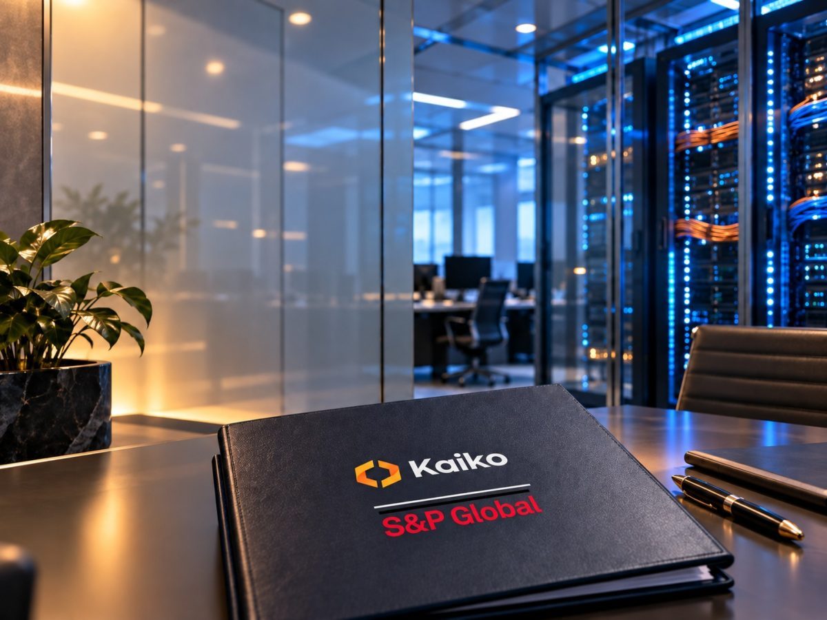 Kaiko funding editorial illustration showing exact Kaiko and S&P Global identities in a data-infrastructure deal setting.