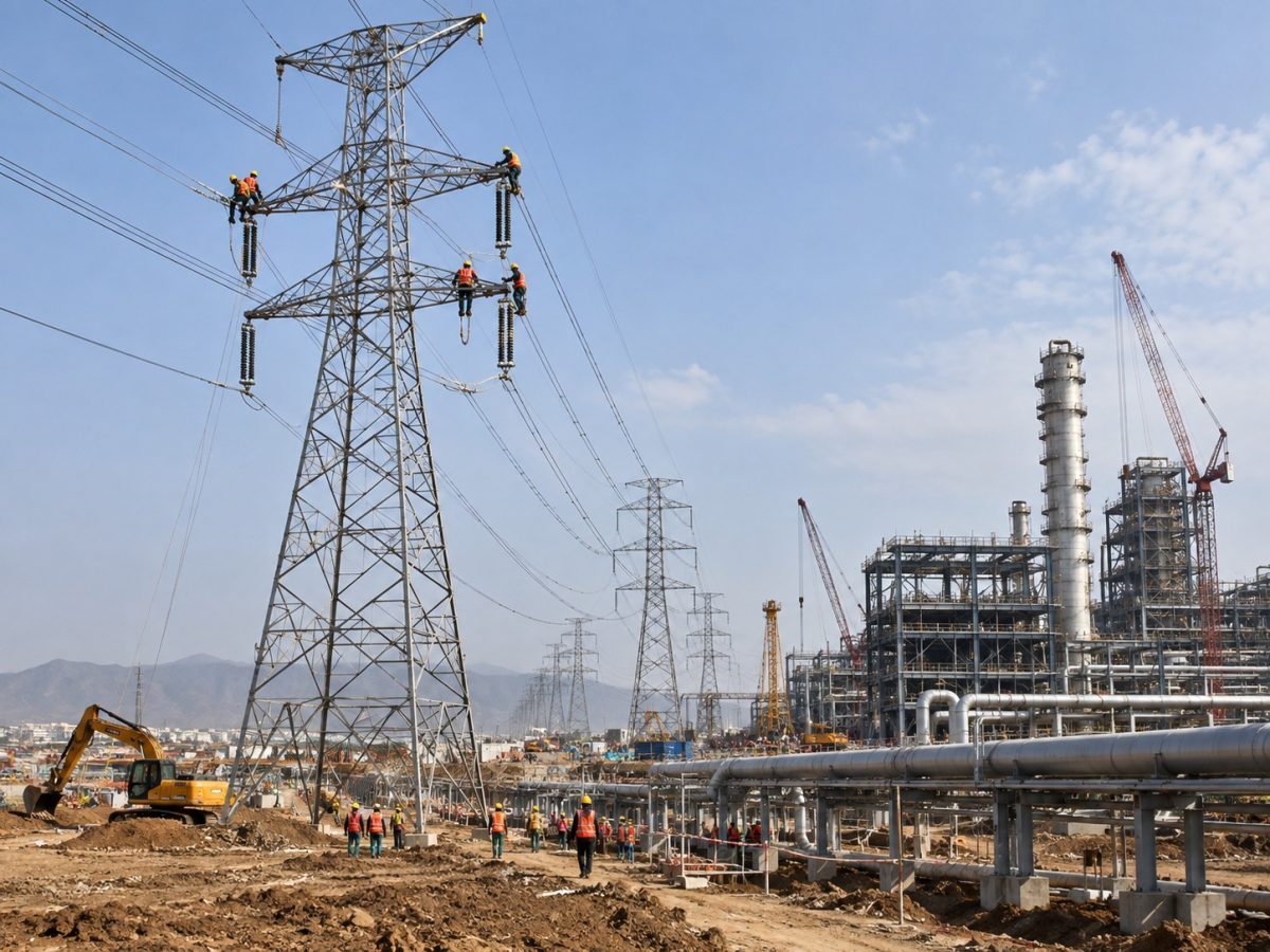 Kalpataru Projects orders shown in an editorial illustration of transmission, industrial piping and building works under construction.
