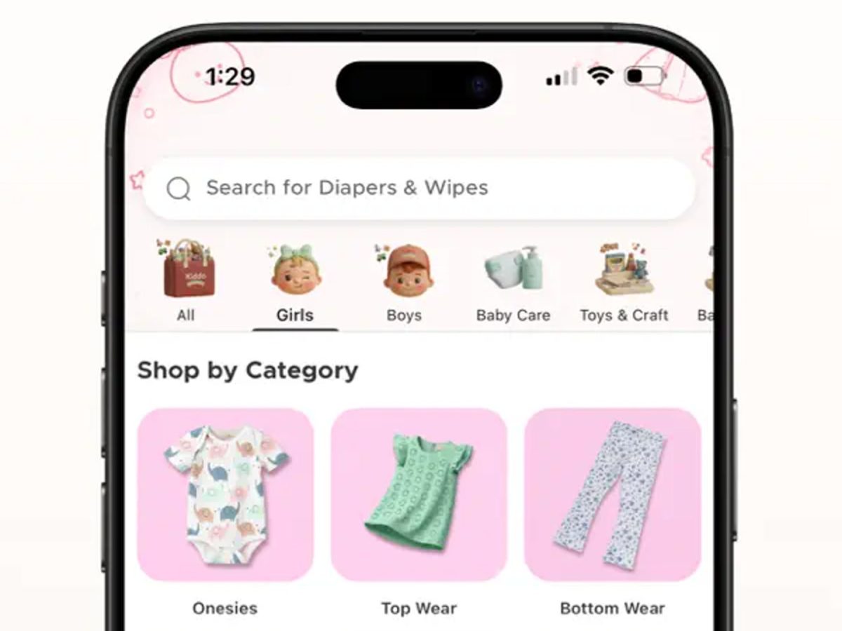 Kiddo funding story visual using one exact full-bleed official product screen for children’s shopping.